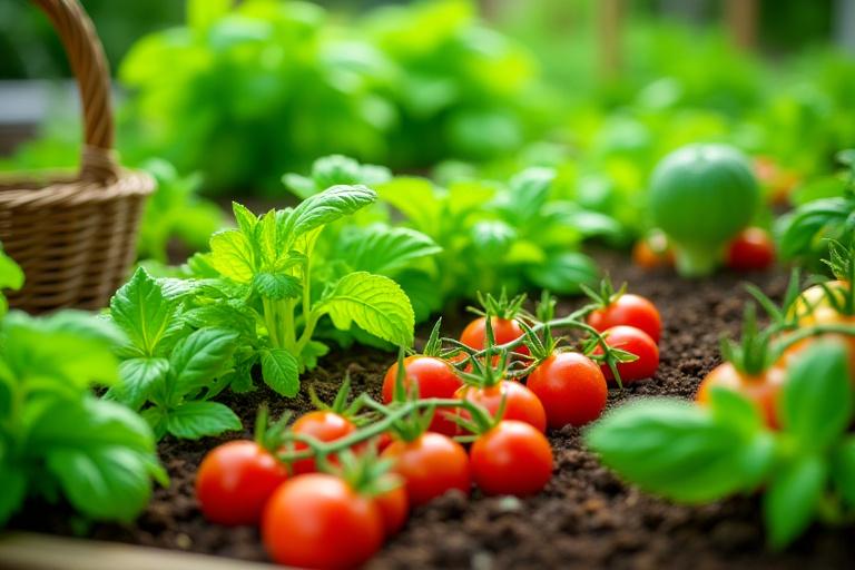 Organic kitchen garden with vegetables and herbs